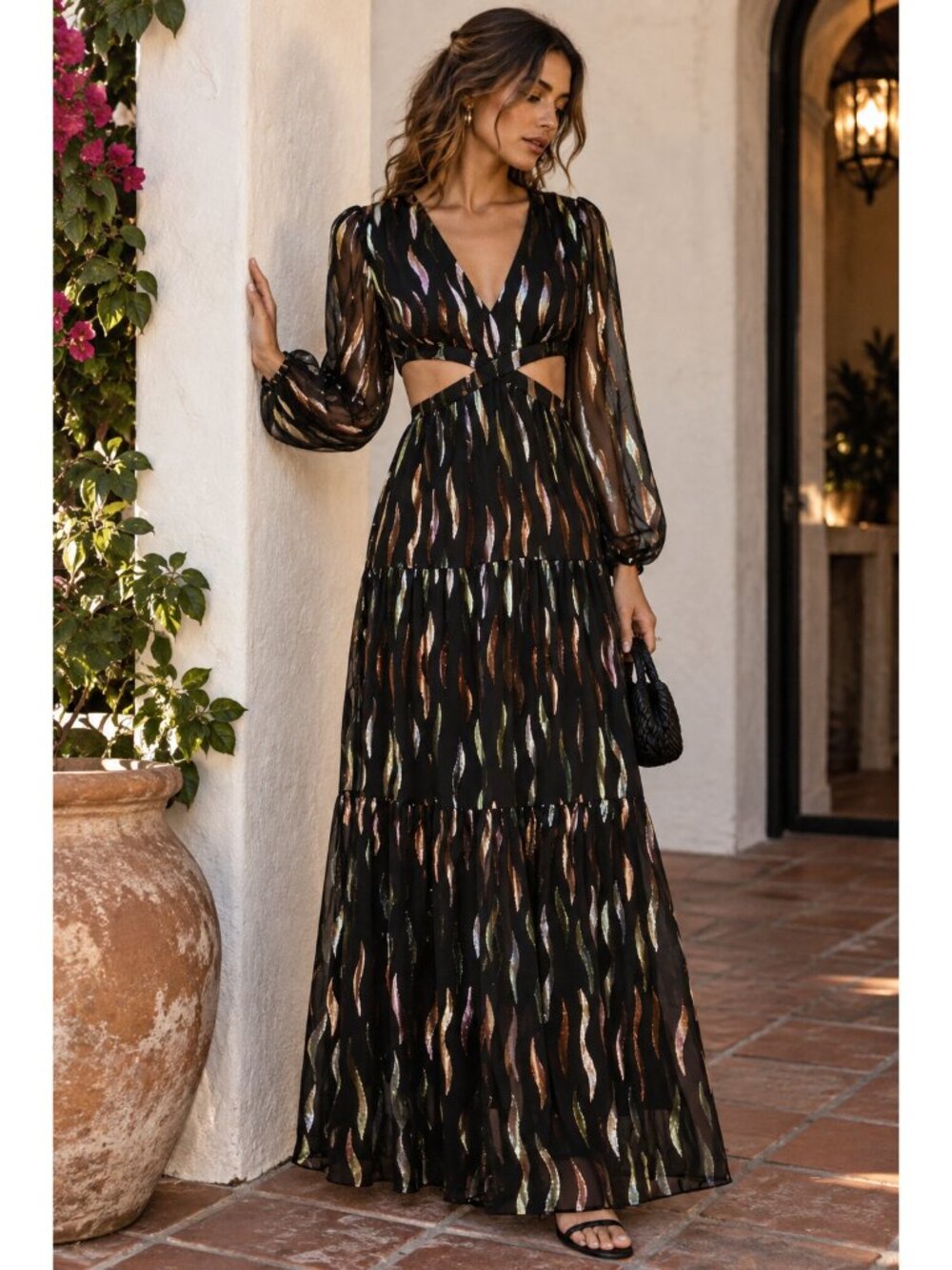 $625 Shoshanna Randi Gown Jet Iridescent Metallic Cut Out Maxi Designer 4 READ